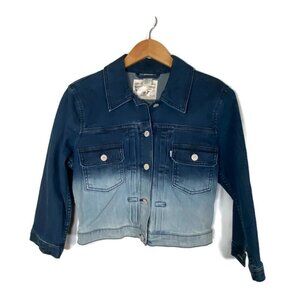 Levi's Women's M Ombré Cropped 3/4 Sleeve Denim Button Jean Jacket Blue Trucker